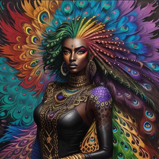 Beautiful dark brown skin woman colourful rainbow dragon scales