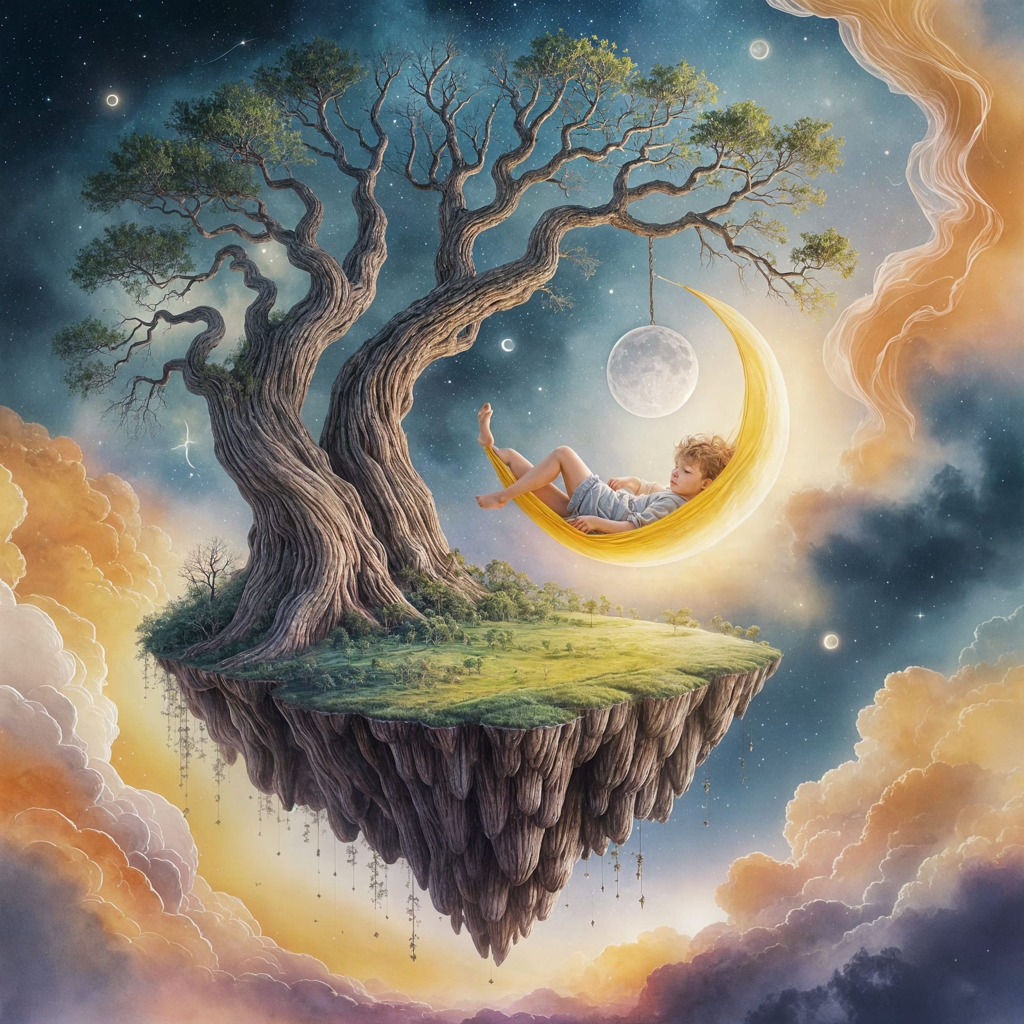 A sleeping boy on a moon