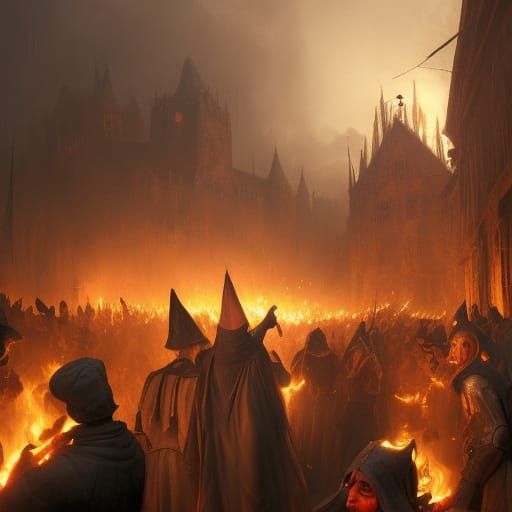 Medieval Witch Burning Scene in Dark Fantasy Style