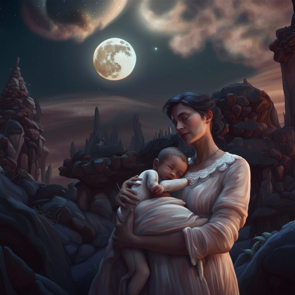 Father hugging Mother  while she holds a new born while look...