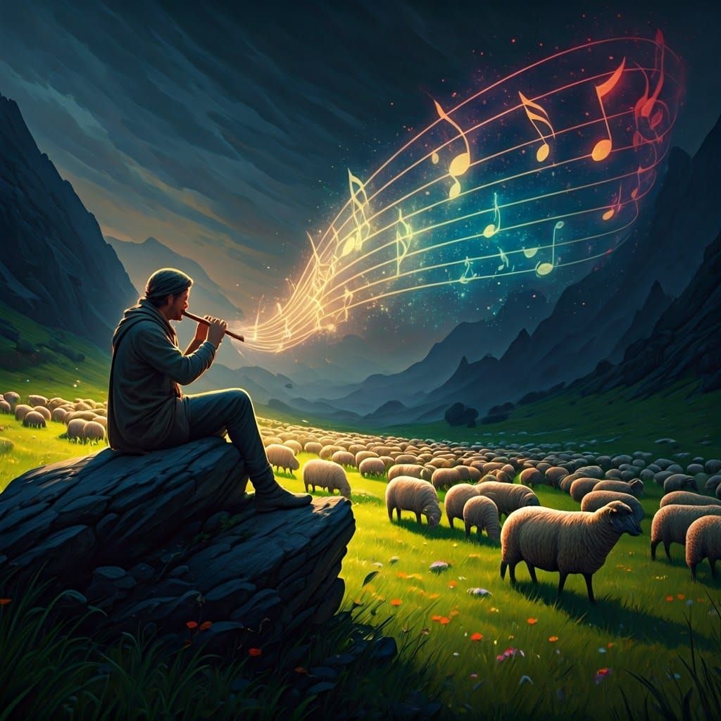 Shepherd's Haunting Melody in Dreamlike Landscape