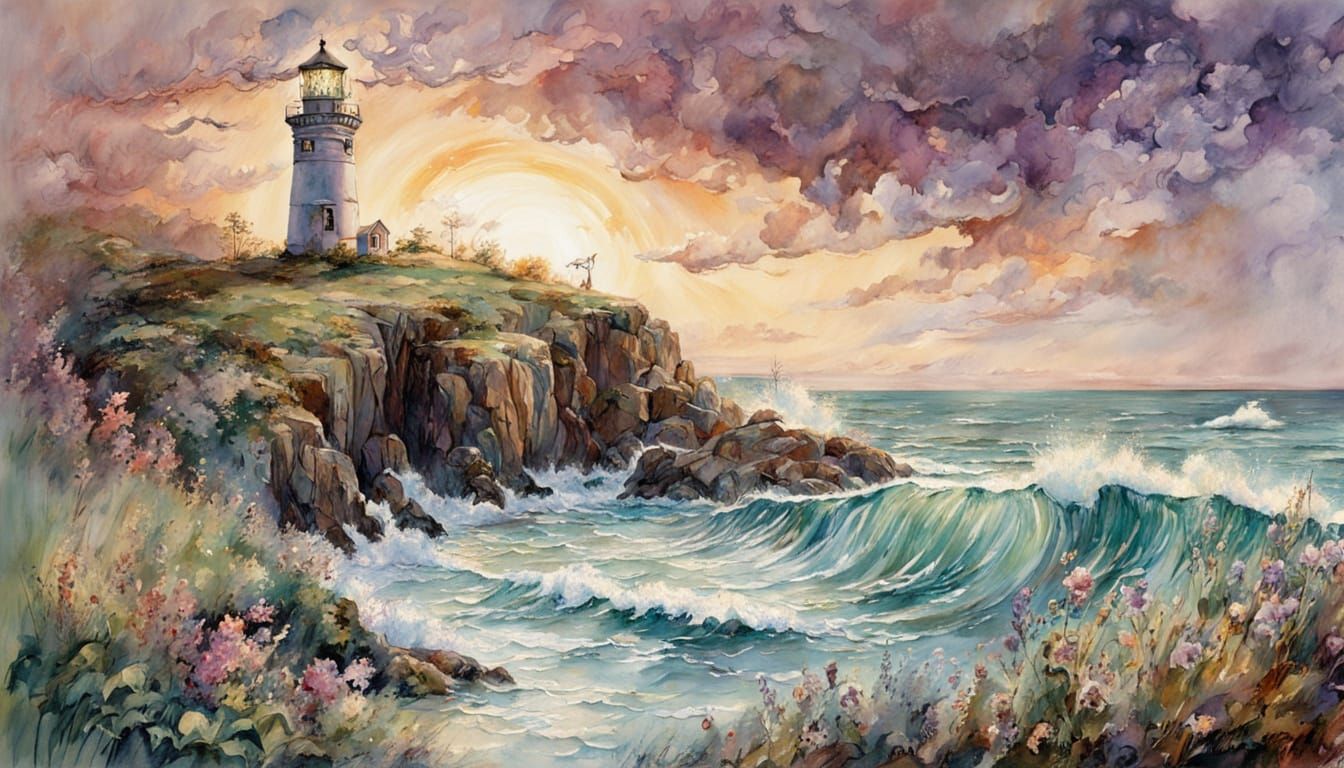 Ink and watercolor illustration  with bright sage green,  brown, lavender: stunning view of a lighthouse ...  by @Tabster