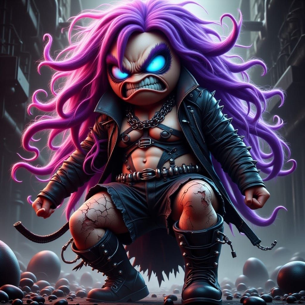 <lora:-Angry Eggs-:1.0> a female punk gothic angry egg with purple long hair