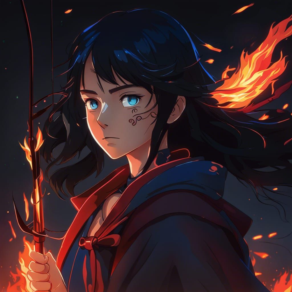 nonbinary girl, blue eyes with fire, red and black warlock robe, padded bra, long black hair, sleek black bow and arrows...