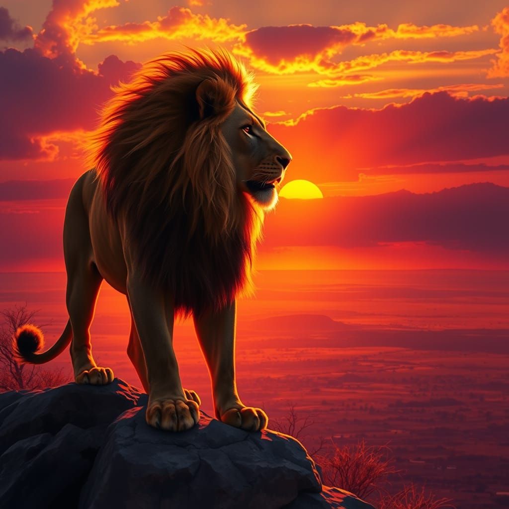Majestic Lion on Savanna Overlook at Sunset