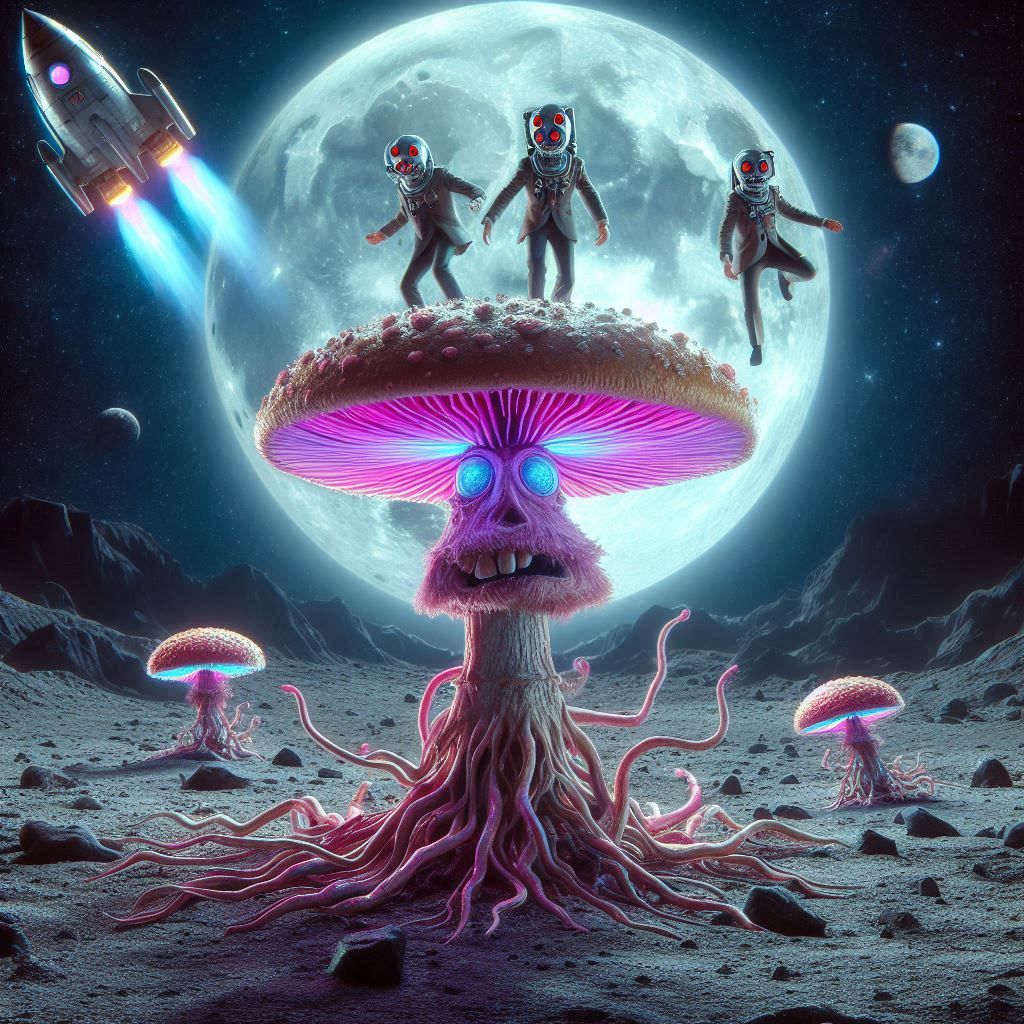 close up Crazy alien Mushrooms landing on Moon SCI-FI