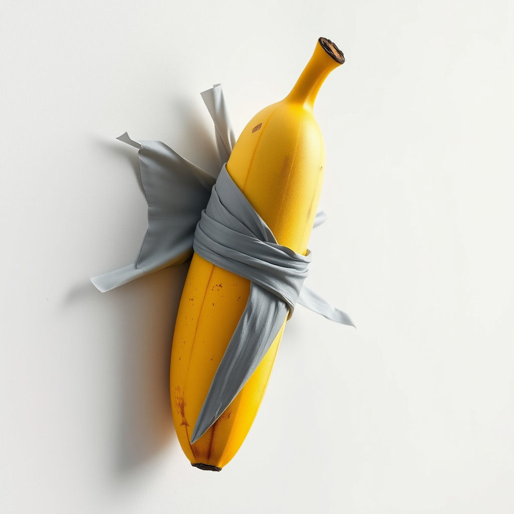 בננה מודבקת לקיר עם דבק אפור עבה ארוך עוטף את הבננה על קיר לבן חלק [ונקראת יצריה 
 אותו יצר האמן האיטלקי מאוריציו קטלאן'...