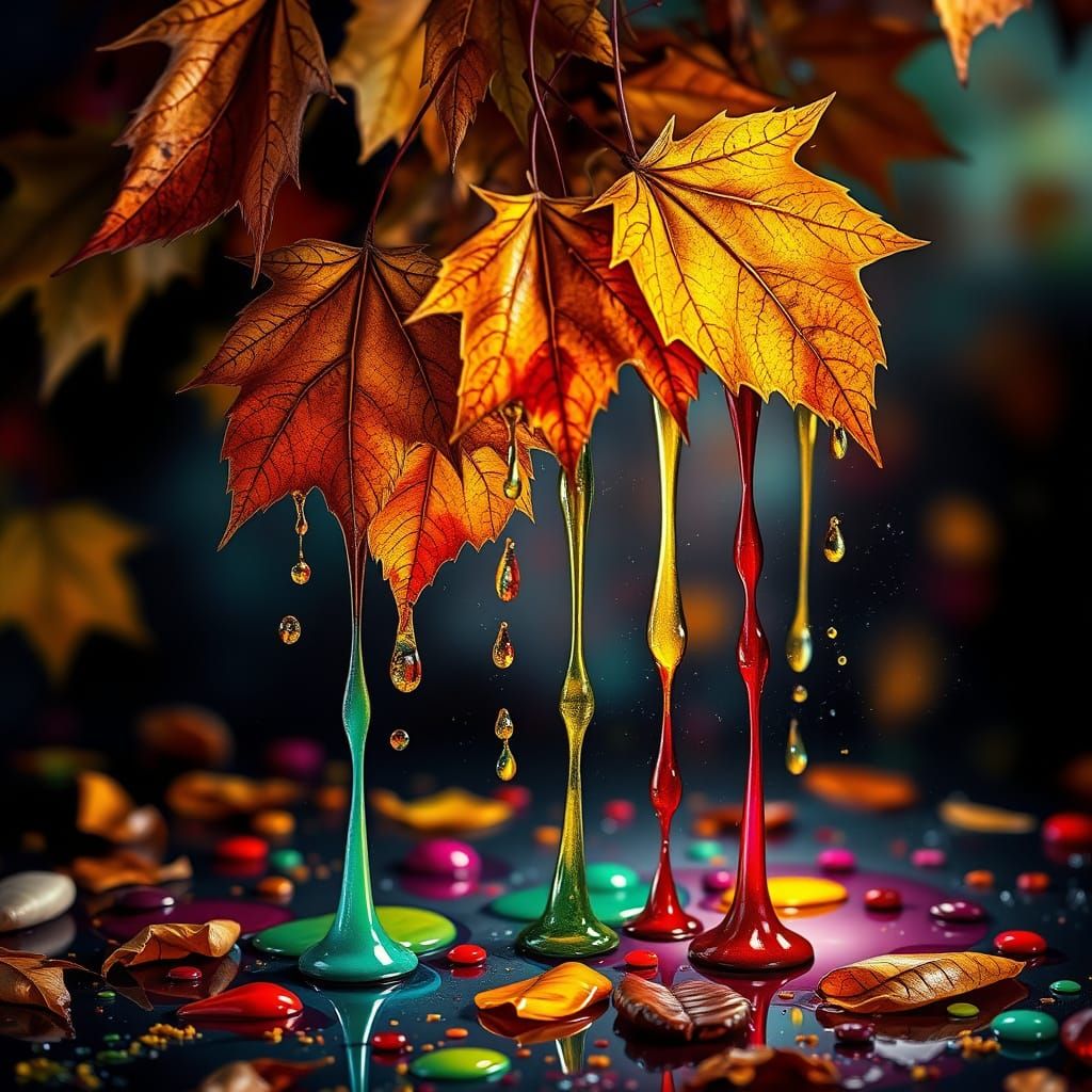 autumn leaves drip colorful drops of paint onto the ground Hyperrealistic, splash art, concept art, mid ...  by @Glen_Hoban