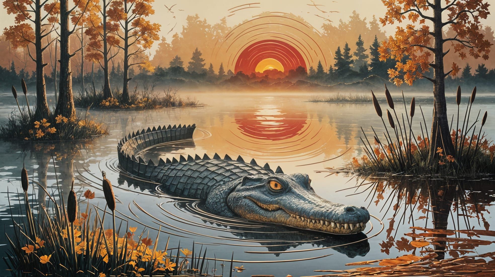 rustic choppy vertical lines, embossed art, embossed textured paint, depicting a crocodile head emerging from the water, the scales of its b...