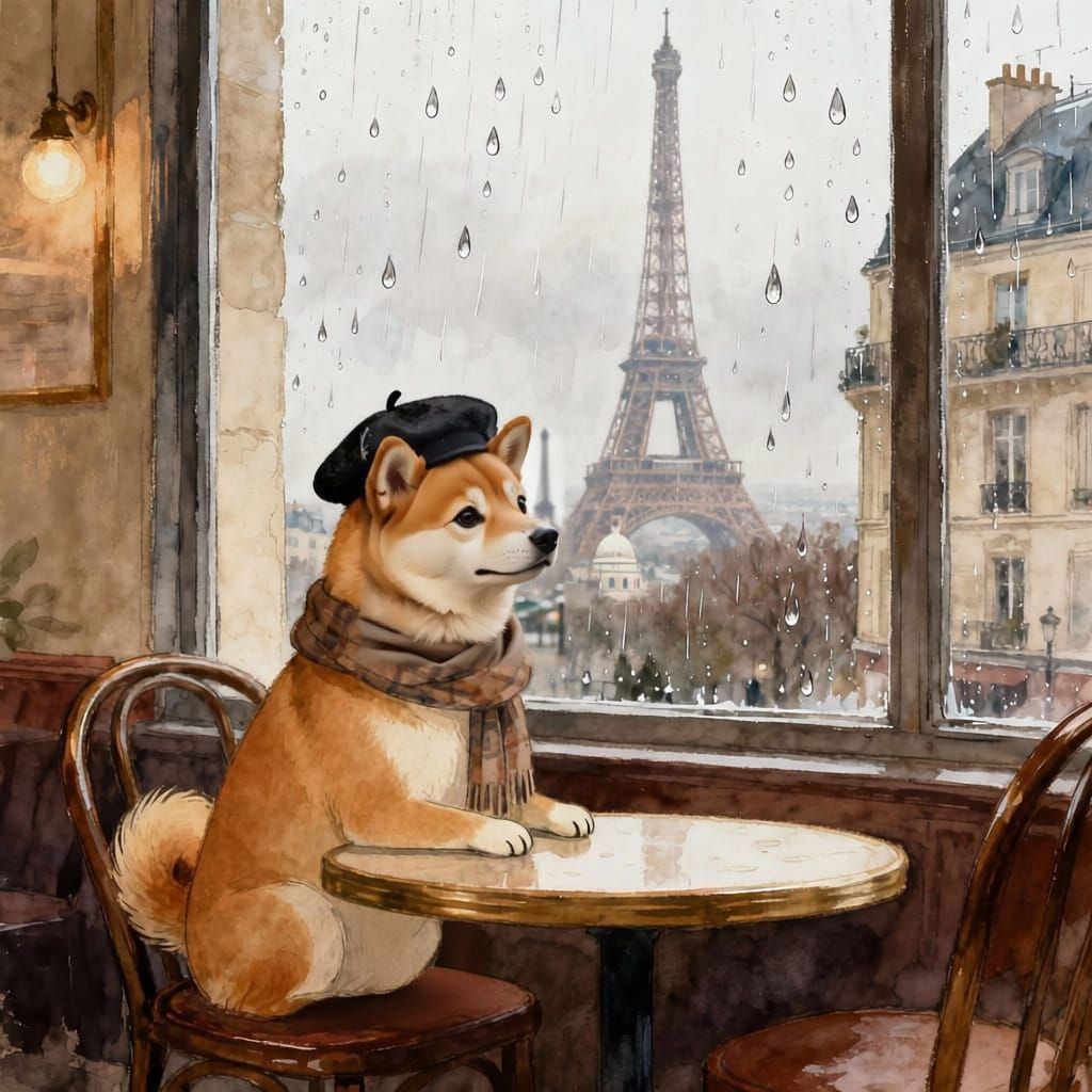 A whimsical shiba inu wearing a tiny beret and scarf, sits at a small cafe table in Montmartre, Paris, with the Eiffel Tower visible in the ...