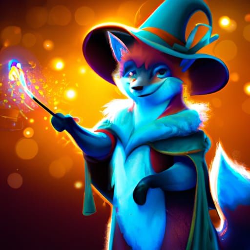 Adorable fluffy fox Magician holding a blue backlight Magic wand, fox ...