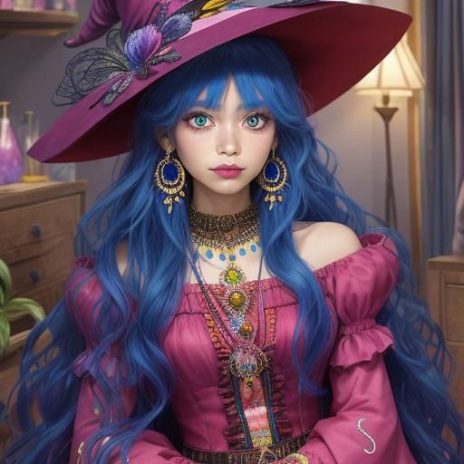Anime Style Witch Girl with Colorful Hat