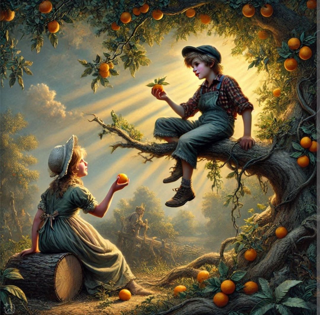 Siblings in an orchard