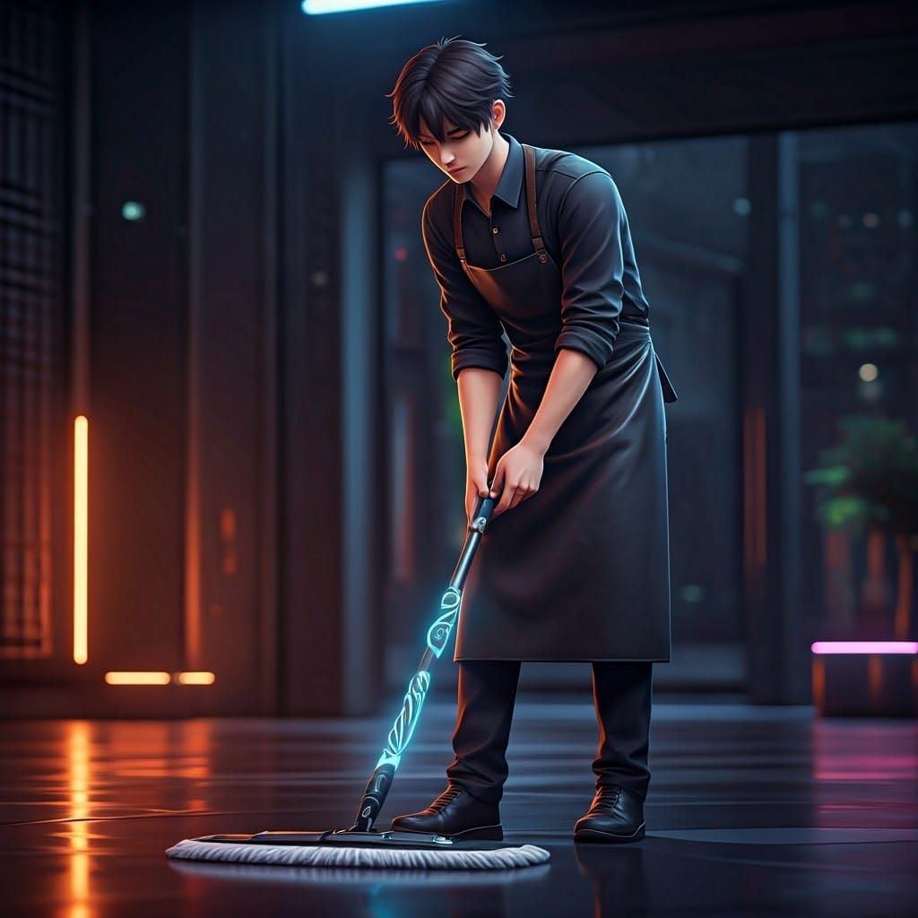 Young Man in Serene Focus, Mopping the Floor in a Futuristic...