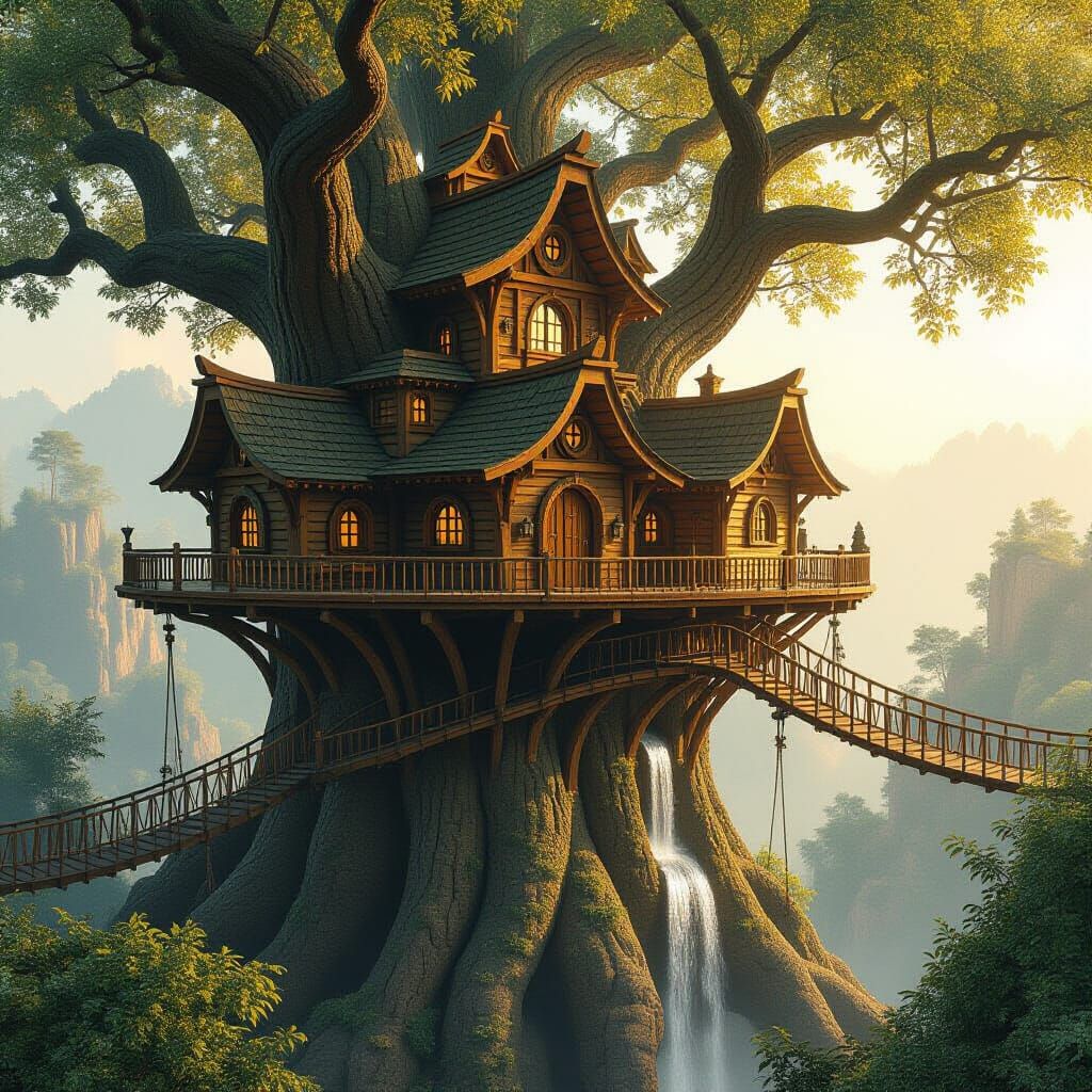 Ultra-Realistic Treetop City in Golden Sunlight