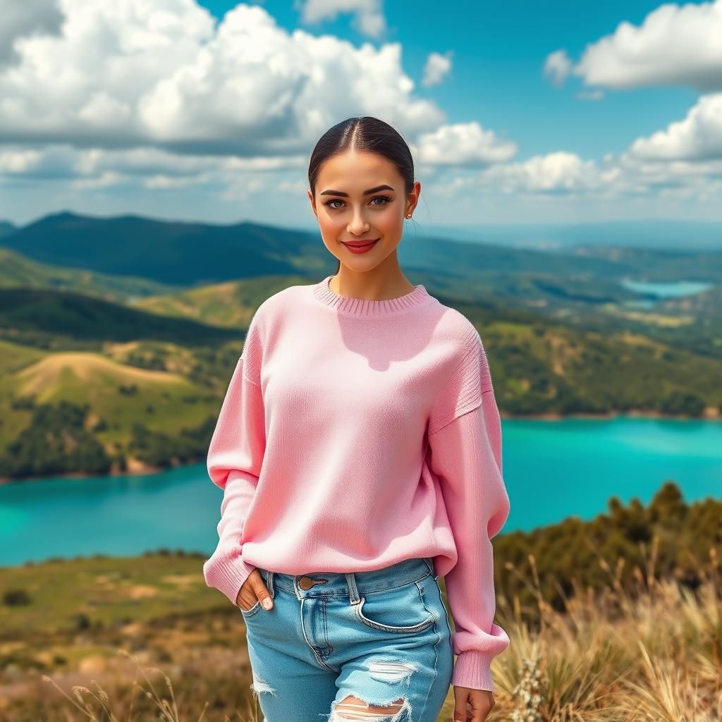 Beautiful beyond imagination woman, French features, sweet smile, cute modern 2020s outfit,  stunning natural scenery, flawless perfection