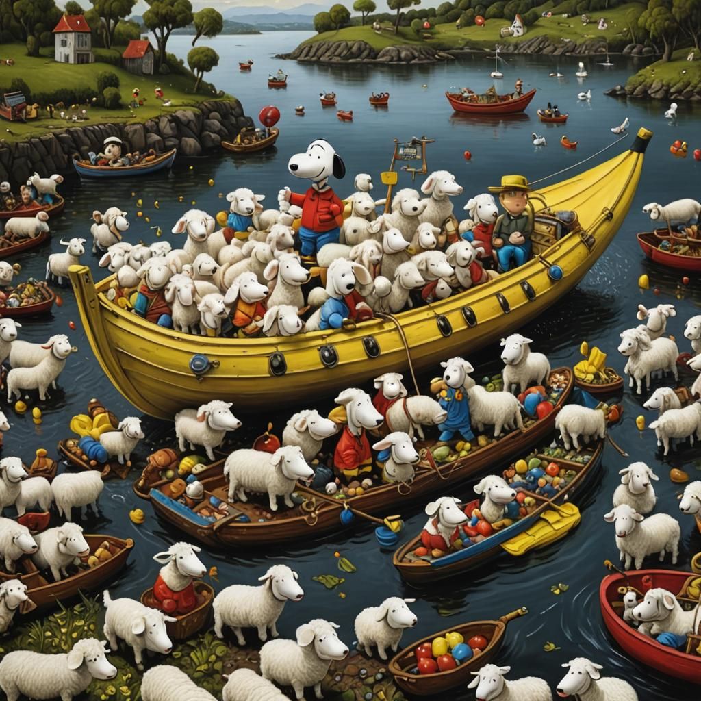 All the sheep board a banana boat with Snoopy - AI Generated Artwork ...