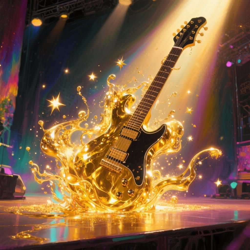 fluids flow from golden stars and coalesce into a rock and roll electric guitar.