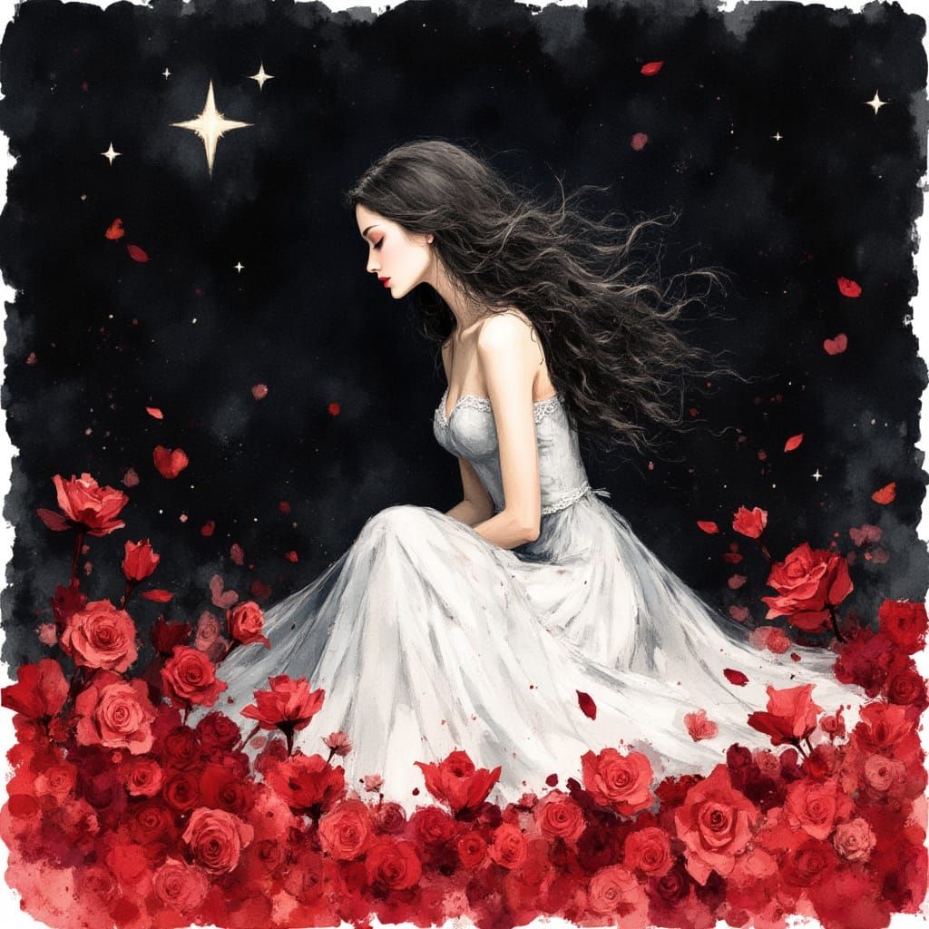 watercolor painting of a beautiful woman in a white dress sitting on a bed of red roses, peaceful, long dark, curly hair, night time, waterc...
