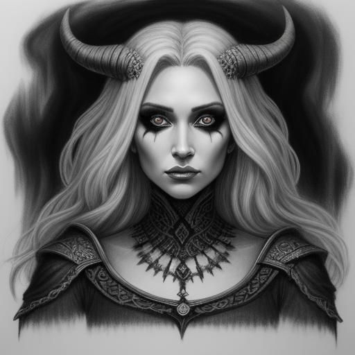 black and white charcoal drawing young female sorceress look...