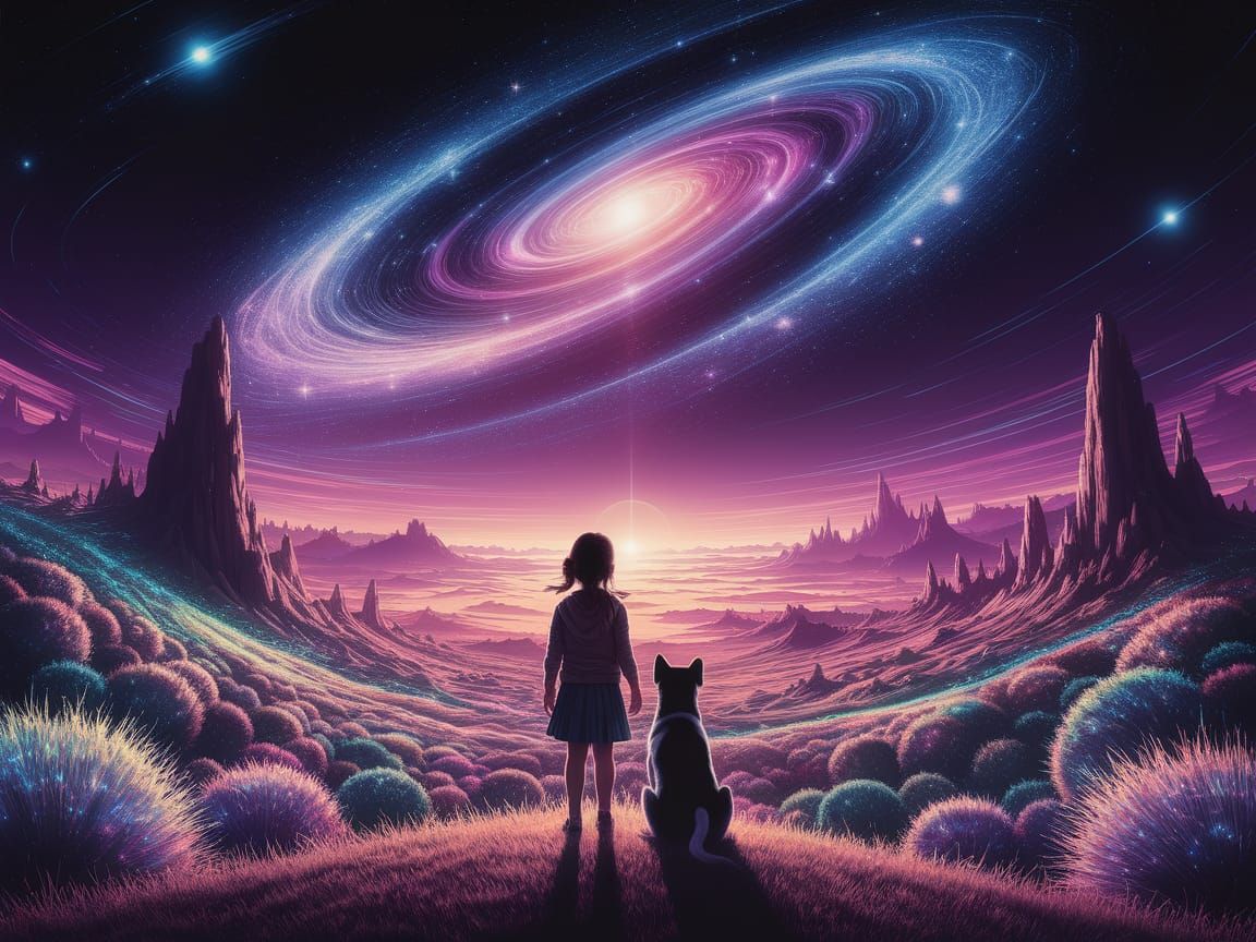 Masterpiece. A girl and her dog stargazing from a hilltop overlooking a vast, alien landscape. Hyperdetailed, intricate detail, splash scree...