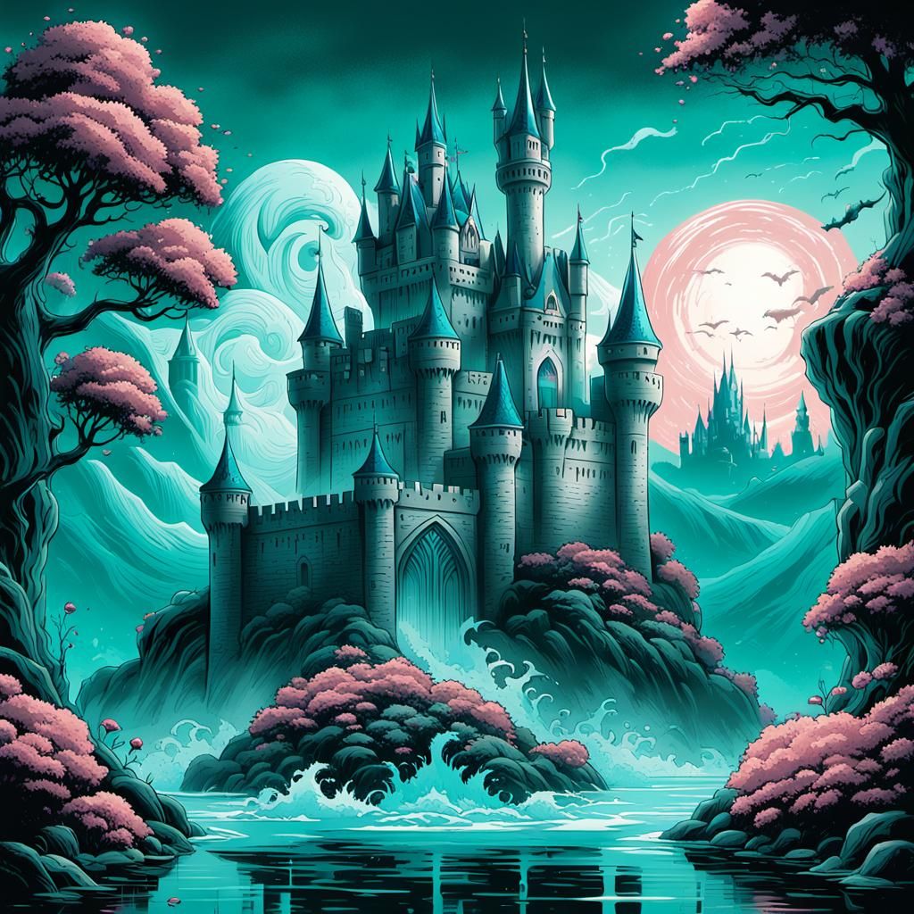 Fantasy magic water aqua teal rose castle monster