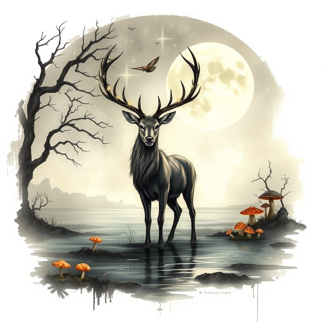  luminous stag standing in a moonlit lake  by @Maxswell