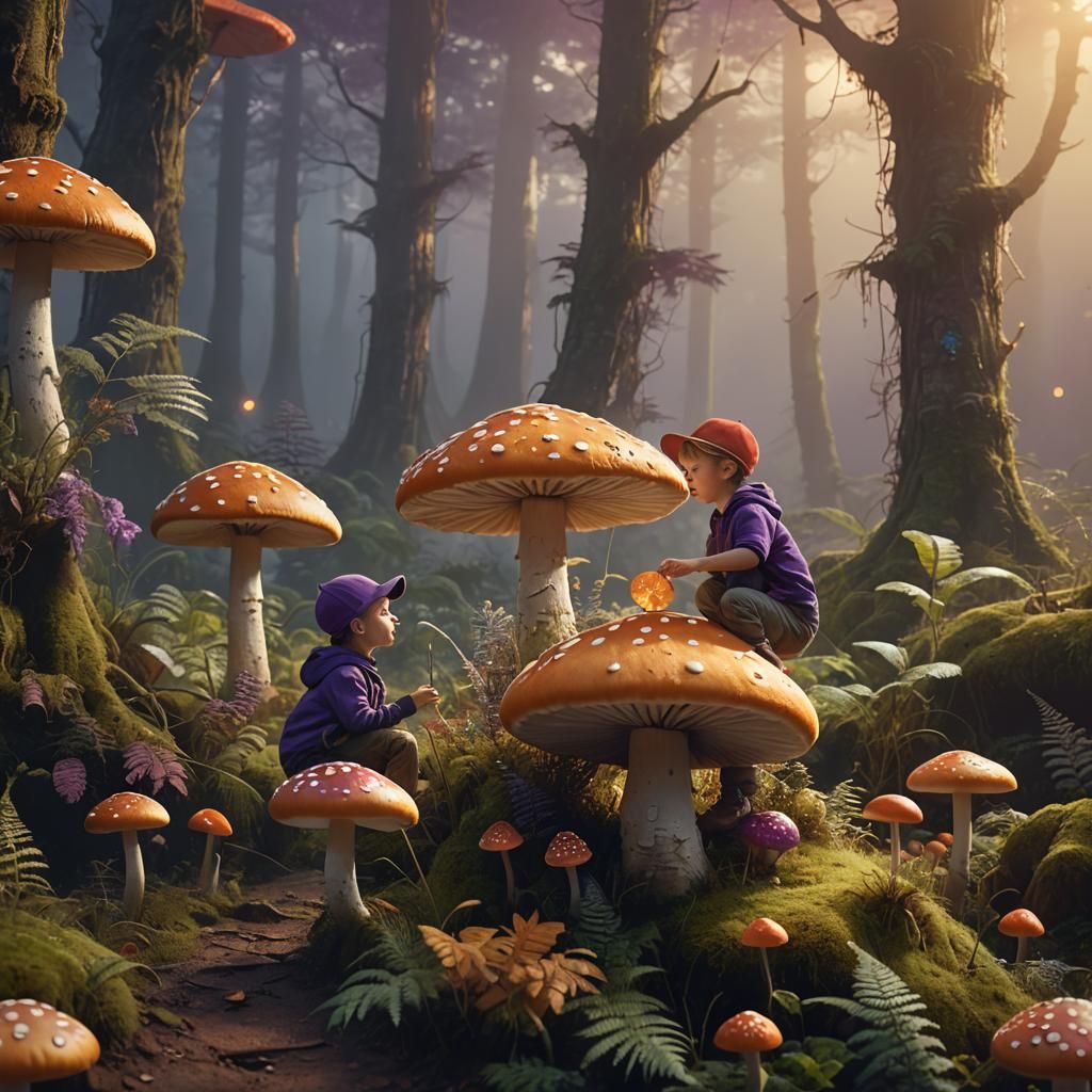 Boy Climbs Toadstool for Lollipop: Digital Matte Painting