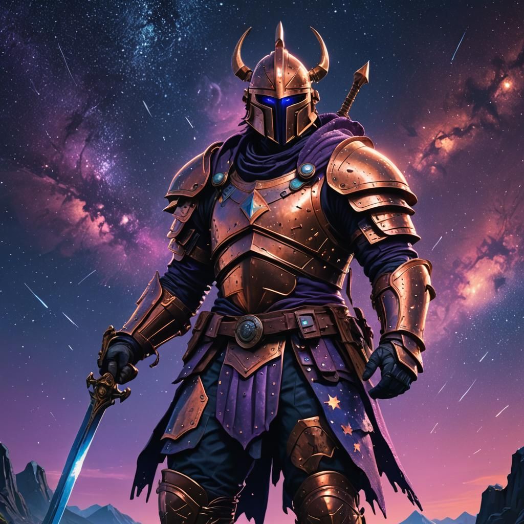 Heroic Warrior in Starry Night Sky