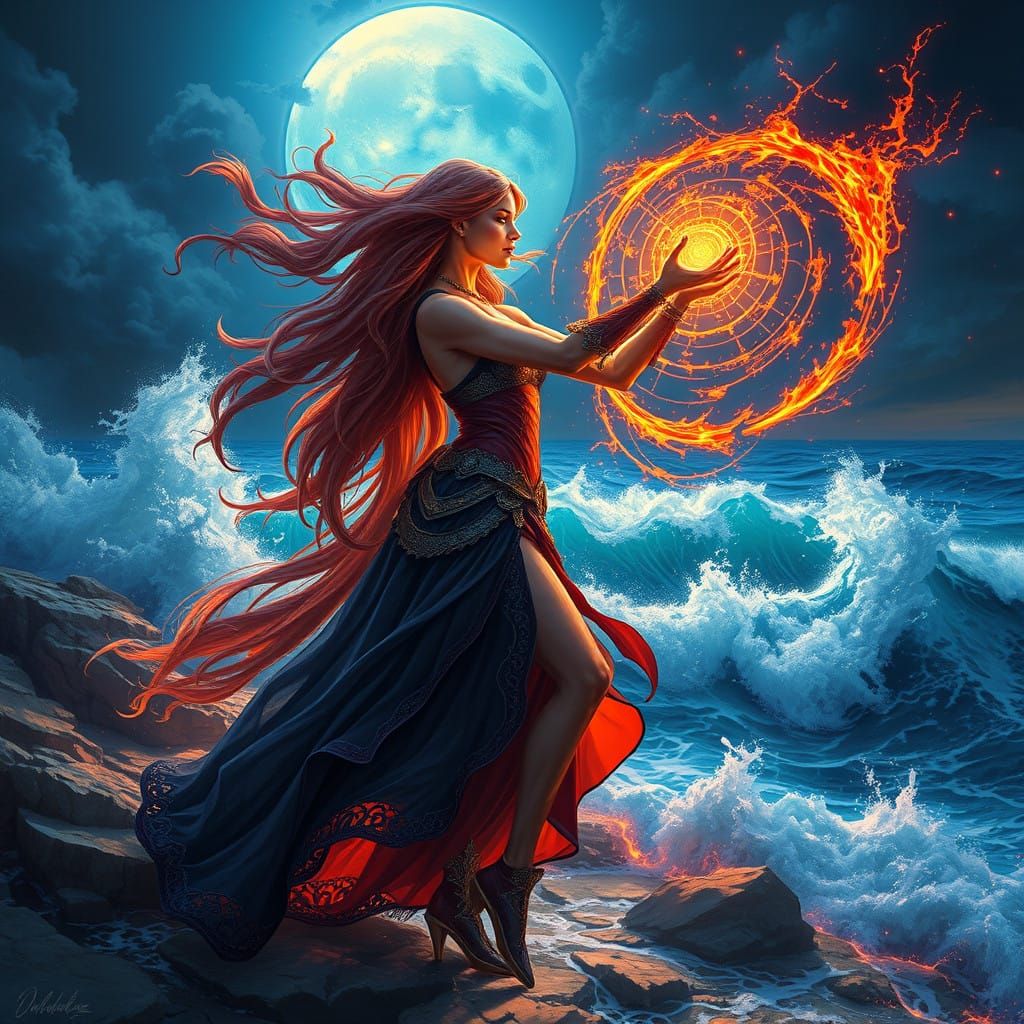 Sorceress Searra Commands the Turbulent Ocean in a Fantastic...