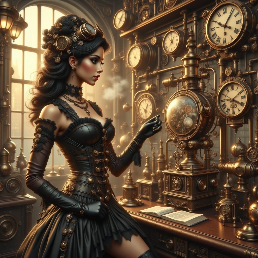 Steampunk Woman Manipulating Automaton in Retro-Urban Scene