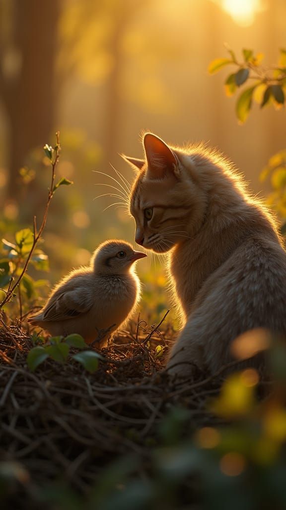 Cat Brings Bird's Chick Home to Nest in Warm Golden Light