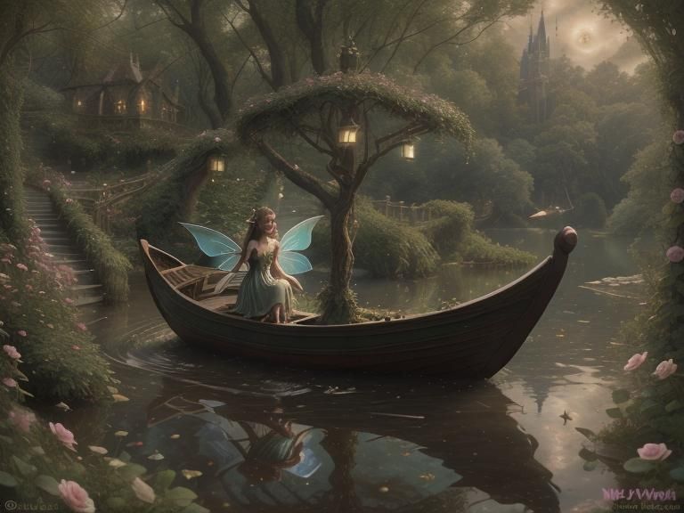 A fairy boat carries the lovely fairy woman