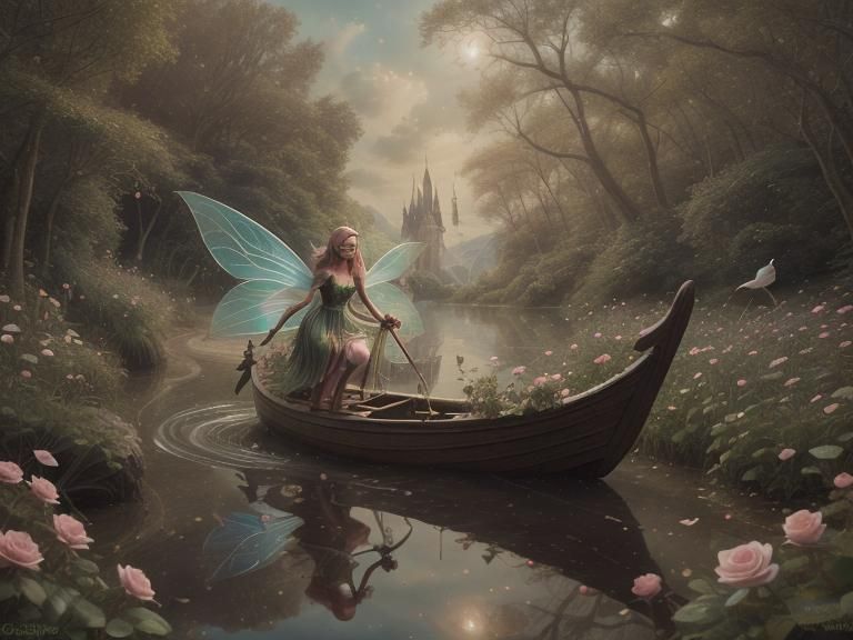 A fairy boat carries the lovely fairy woman