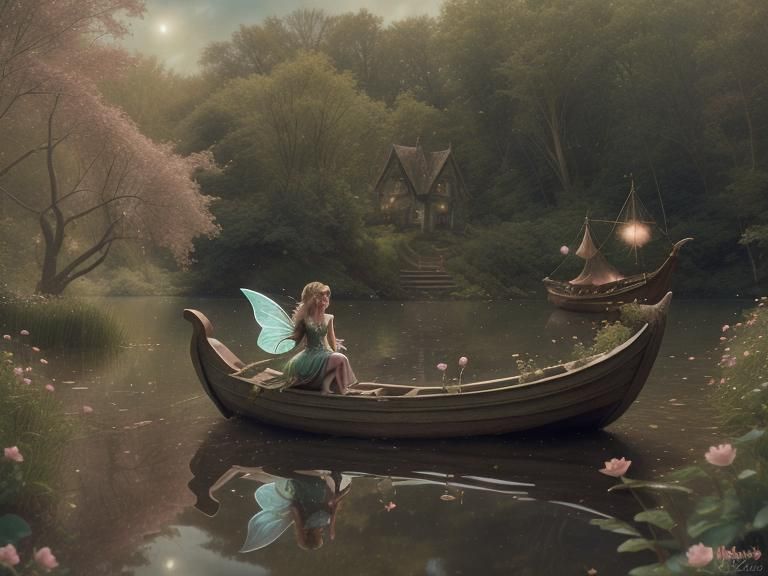 A fairy boat carries the lovely fairy woman