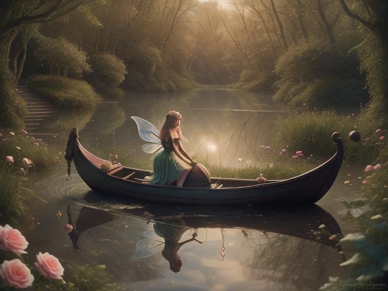 A fairy boat carries the lovely fairy woman