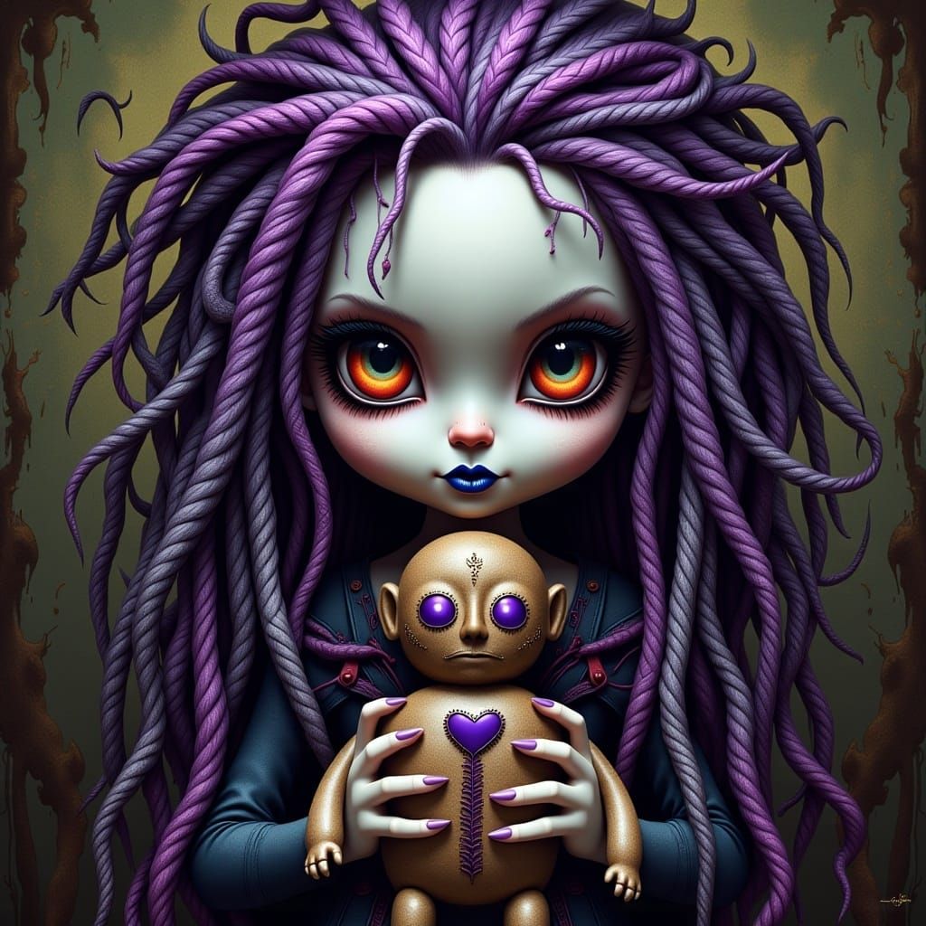 <lora:MrsH Darkling:1.0>  A stylized, slightly eerie, punky, boho, doll-like girl with pale skin and large, flirty, vivid expressive eyes, m...
