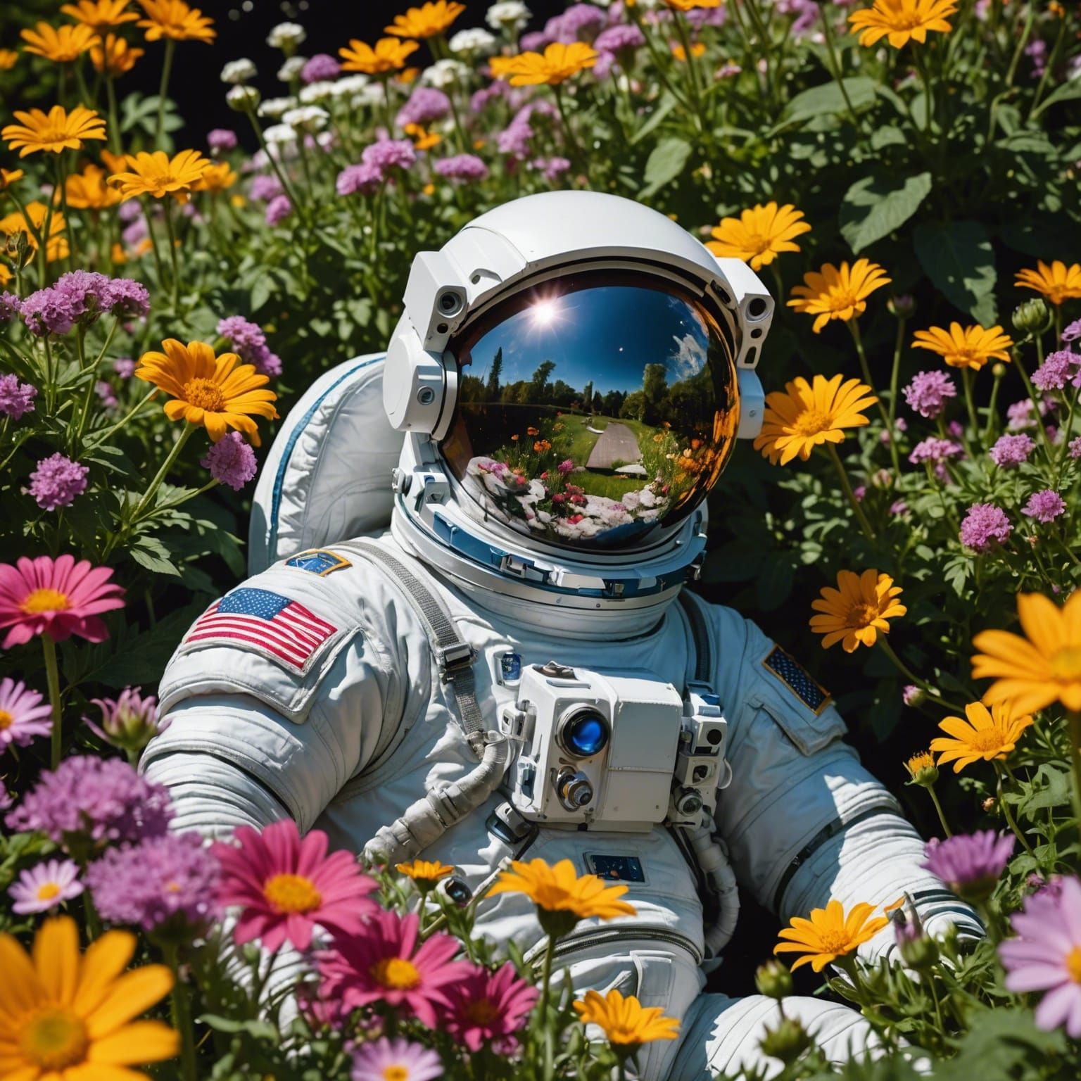 An astronaut lying in a garden of flowers