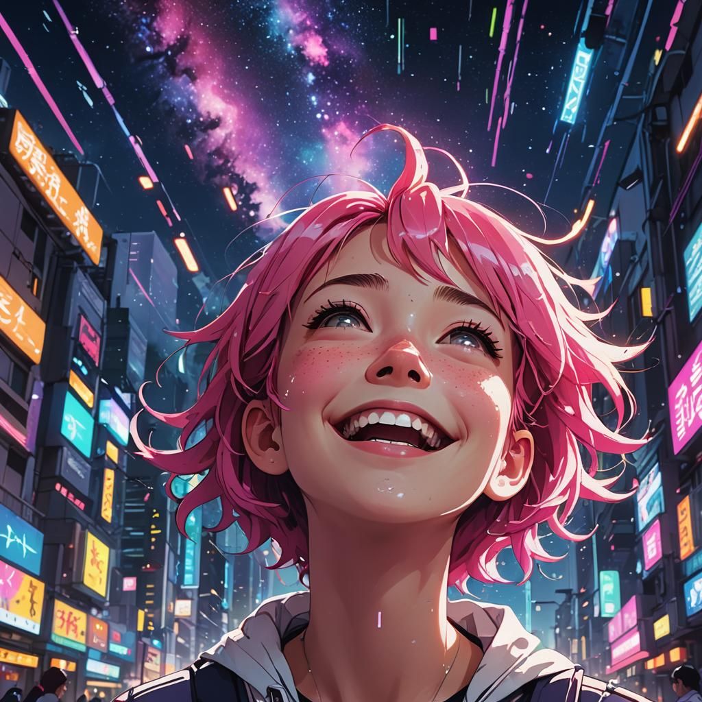 Anime Girl Laughing Under Neon City Stars