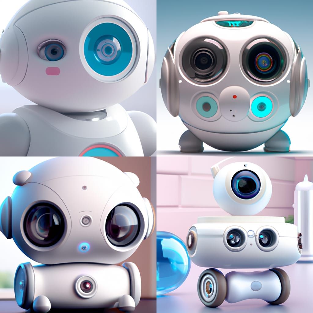 Nanny cam for baby, cute robot, white colour, photorealistic