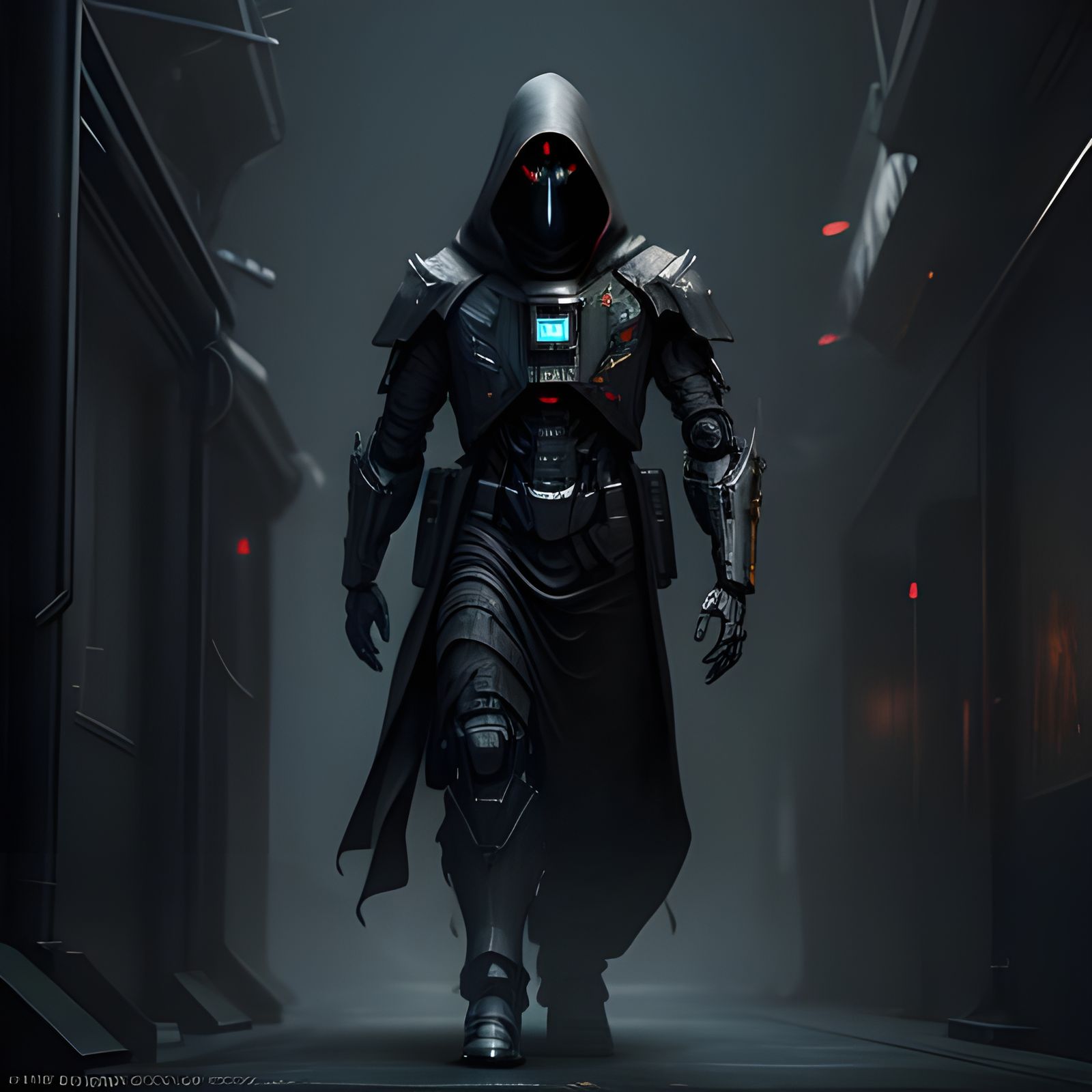Mysterious Hooded Figure in Shadows: Sci-Fi Mech