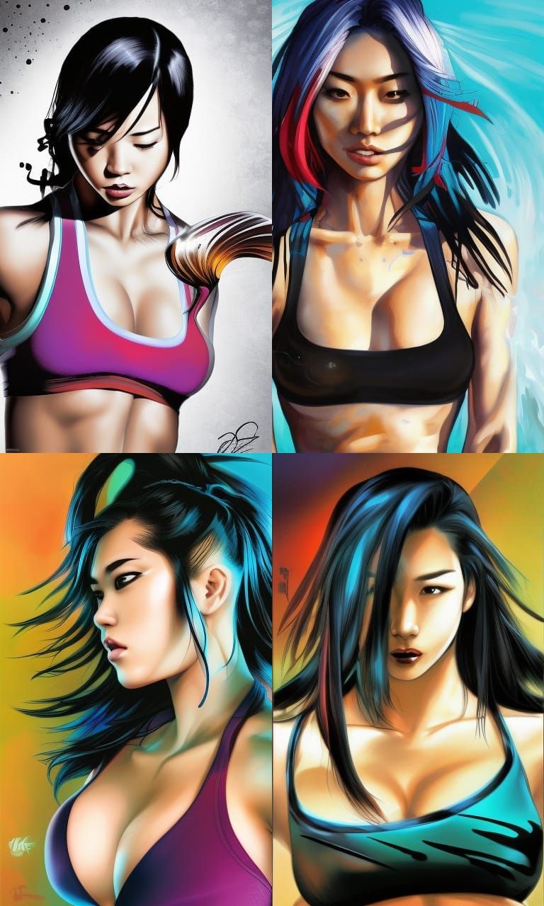 attractive, young woman, athletic, asian beauty, Splash art, triadic  colors, sharp focus, sports bra, black hair, full body, Mark Brooks and  - AI Generated Artwork - NightCafe Creator