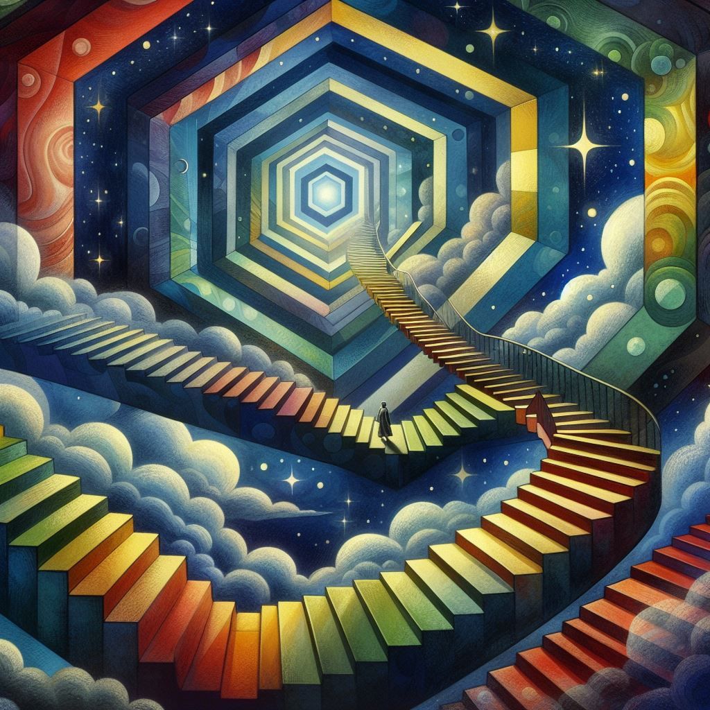 a labyrinthine staircase that climbs towards infinity
