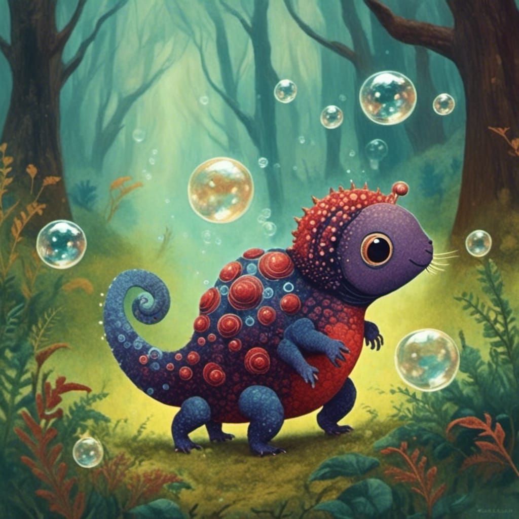 <lora:Cicada Song:1.0> Baby dinosaur playing with bubbles in...