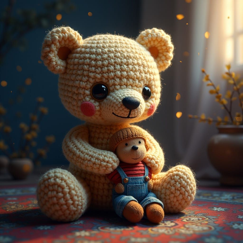 Stuffed crocheted bear, holding little boy toy  by @CK1