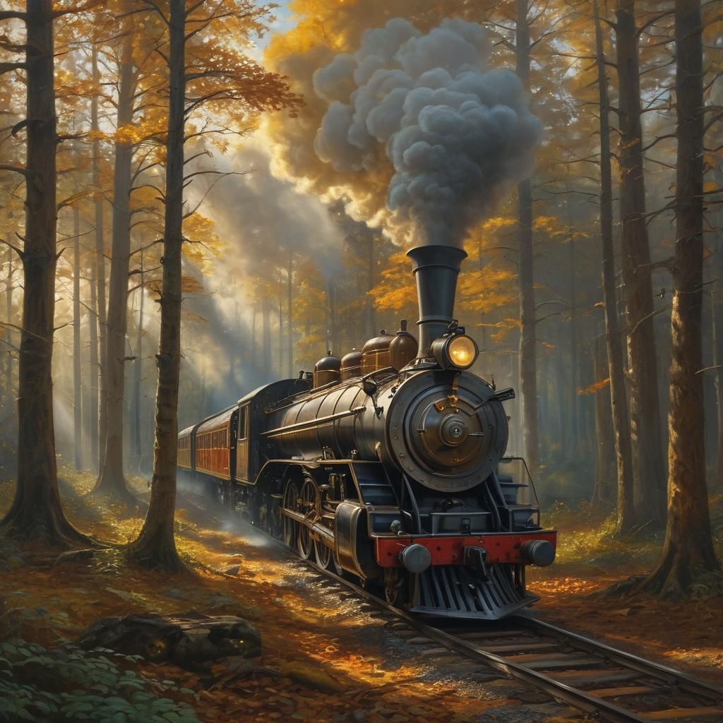 an elegant steam engine running at high speed, forest landsc...