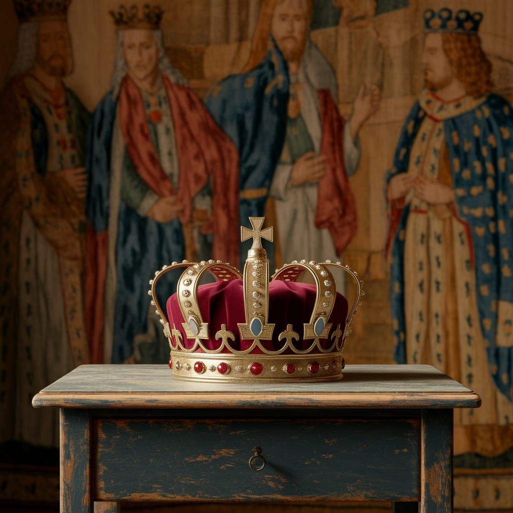 Golden Crown on Weathered Wooden Table in Regal Atmosphere
