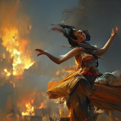 A beautiful woman, gypsy dancer, jumps over the fire, full o...