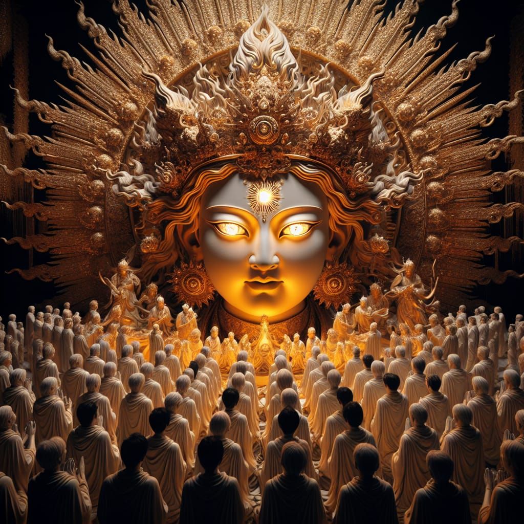 Hyperrealistic image of a deity known as the "Sun-God", surr...