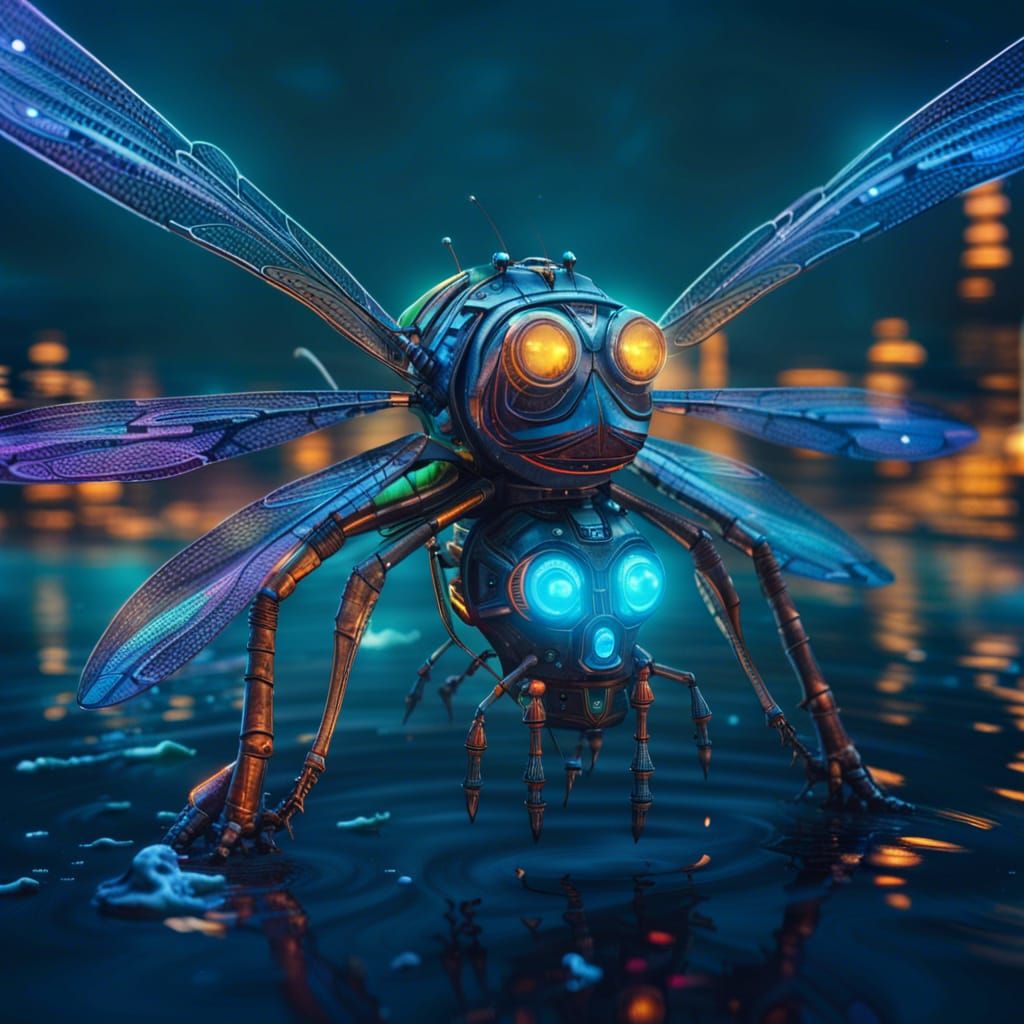 A large giant colorful robot dragonfly flying on the surface...